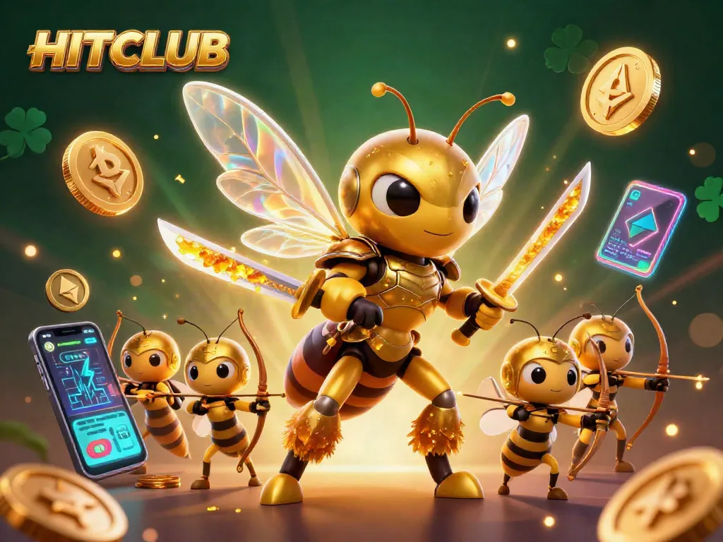 Experience HITCLUB's thrilling gameplay surrounded by vibrant digital elements and golden coin treasures.