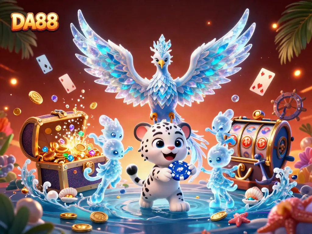 Experience excitement at DA88 with a vibrant casino scene featuring an ice phoenix and sparkling gems.