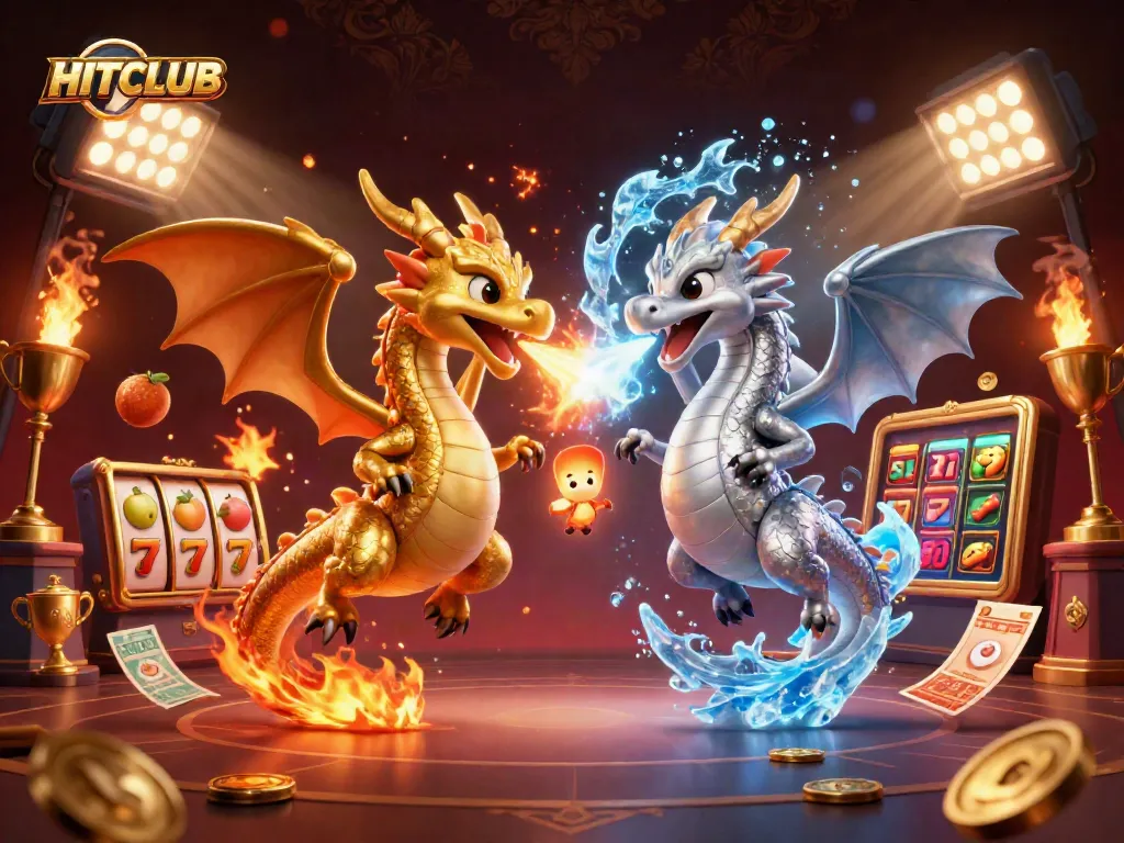 Engage with HITCLUB's vibrant casino experience featuring dual dragons, slot reels, and gaming elements.