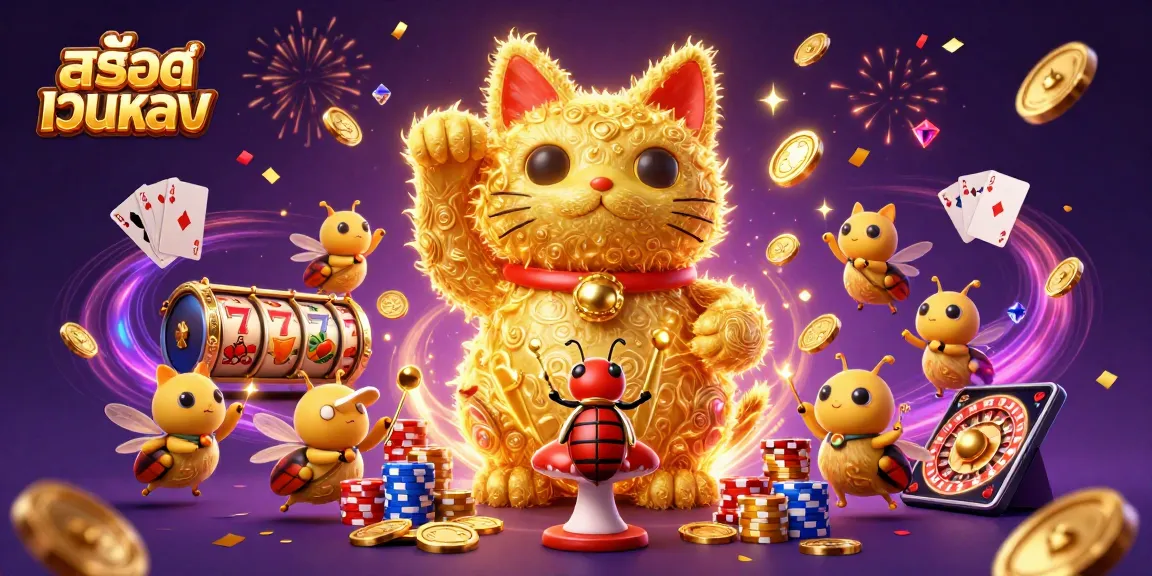 Play and enjoy สล็อตเว็บตรง with a vibrant display of casino action featuring a lucky cat and dynamic symbols.