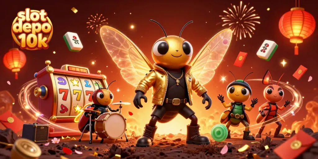 Permainan slot depo 10k menunjukkan cicada rock star dan drummer dengan simbol keberuntungan.