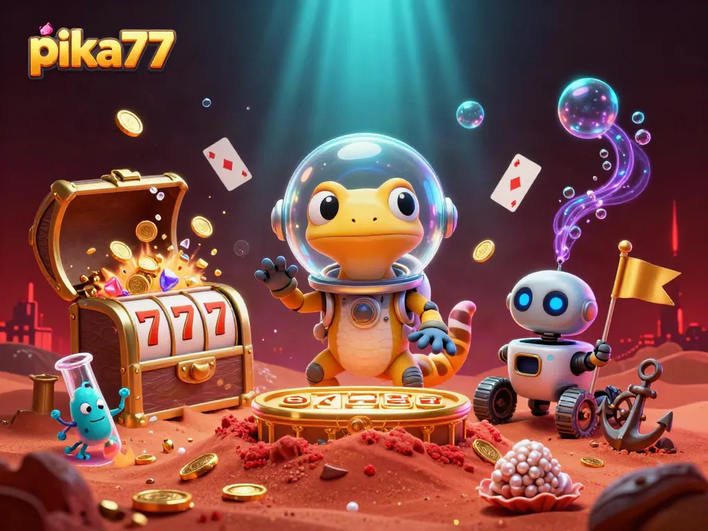 Engage in thrilling gaming adventures at pika77 with a vibrant 3D casino scene filled with gold coins and slot reels.