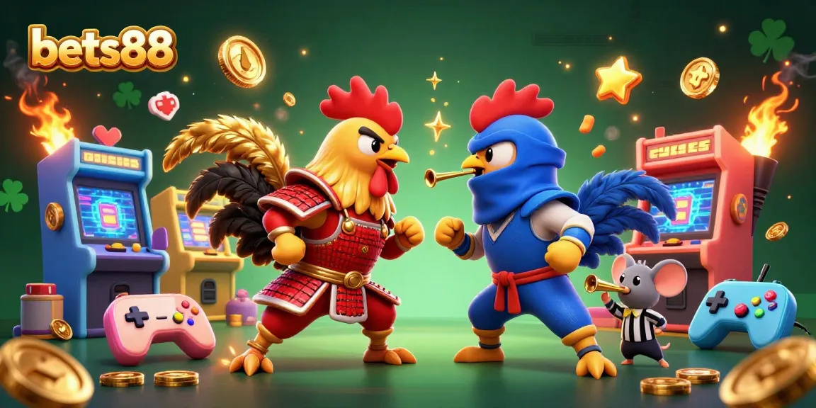 Experience thrilling excitement at bets88 with animated fighting roosters and vibrant casino elements.