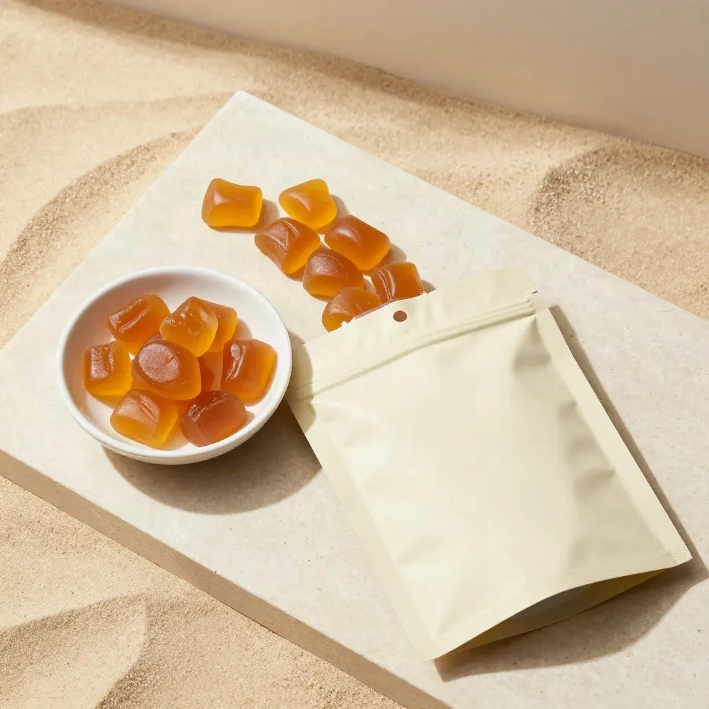 Overhead flatlay of open mango gummies pouch, glossy chews in an arc, and a cream ceramic bowl.