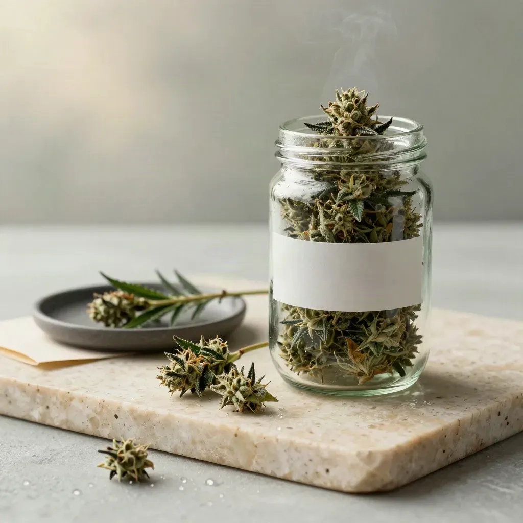 Sealed glass jar of cannabis flower on travertine with buds, herb sprig, and soft dawn mist.
