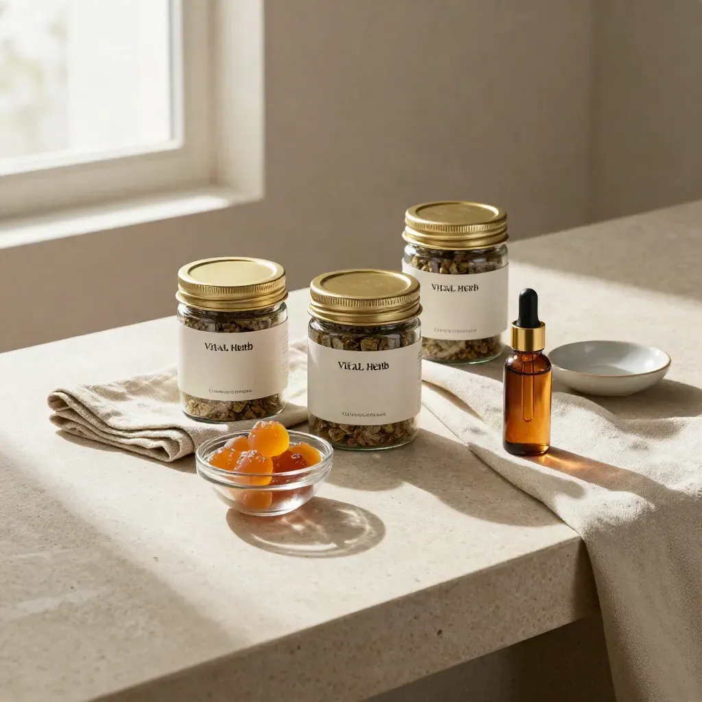 Cannabis wellness bundle with flower, gummies, tincture, linen, and ceramic dish on pale stone.