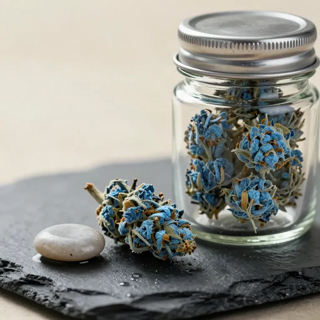 Close-up of a sealed Blue Dream flower jar, blue-toned buds, pebble, and mist on wet stone.