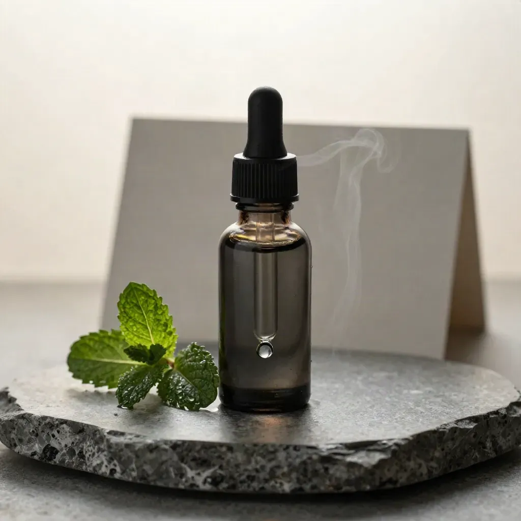 Dark tincture bottle with dropper, stone dish, and mint sprig on a pewter slab.