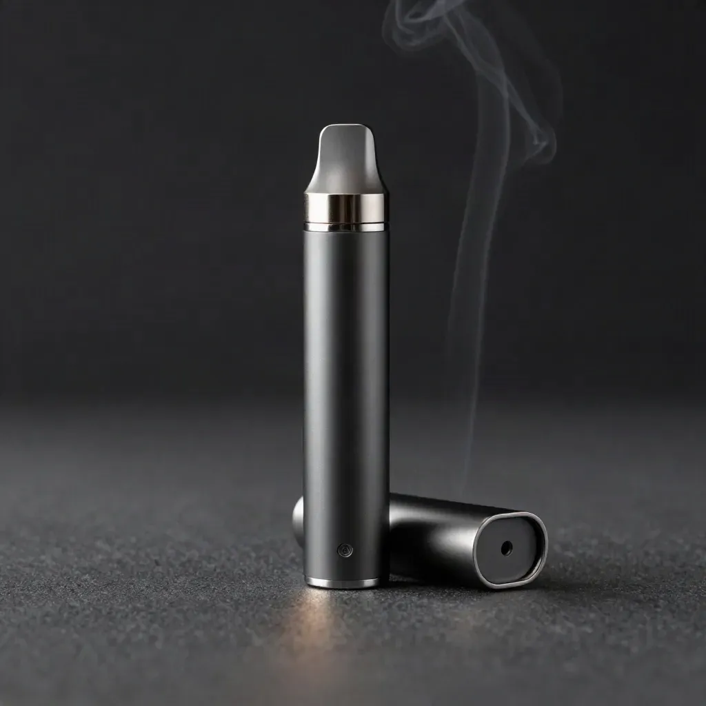 Slim matte vape pen upright with charging puck, brushed metal ring, and faint vapor on graphite.