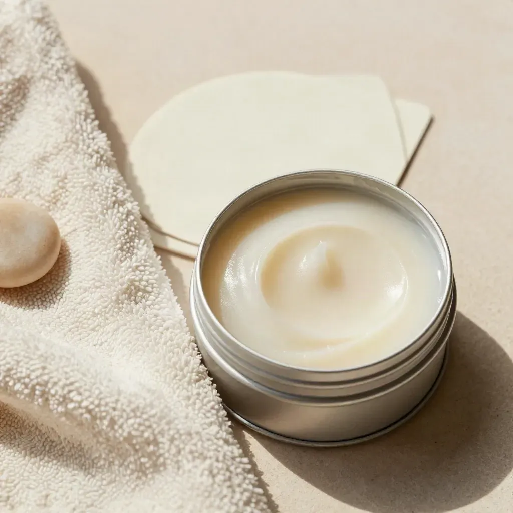 Open lavender balm tin with towel and pebble, cream-toned macro product shot