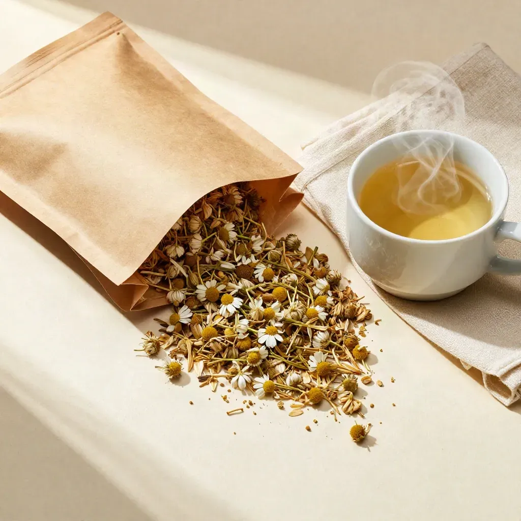 Open chamomile pouch, blossoms, steaming cup and linen napkin on cream plaster.