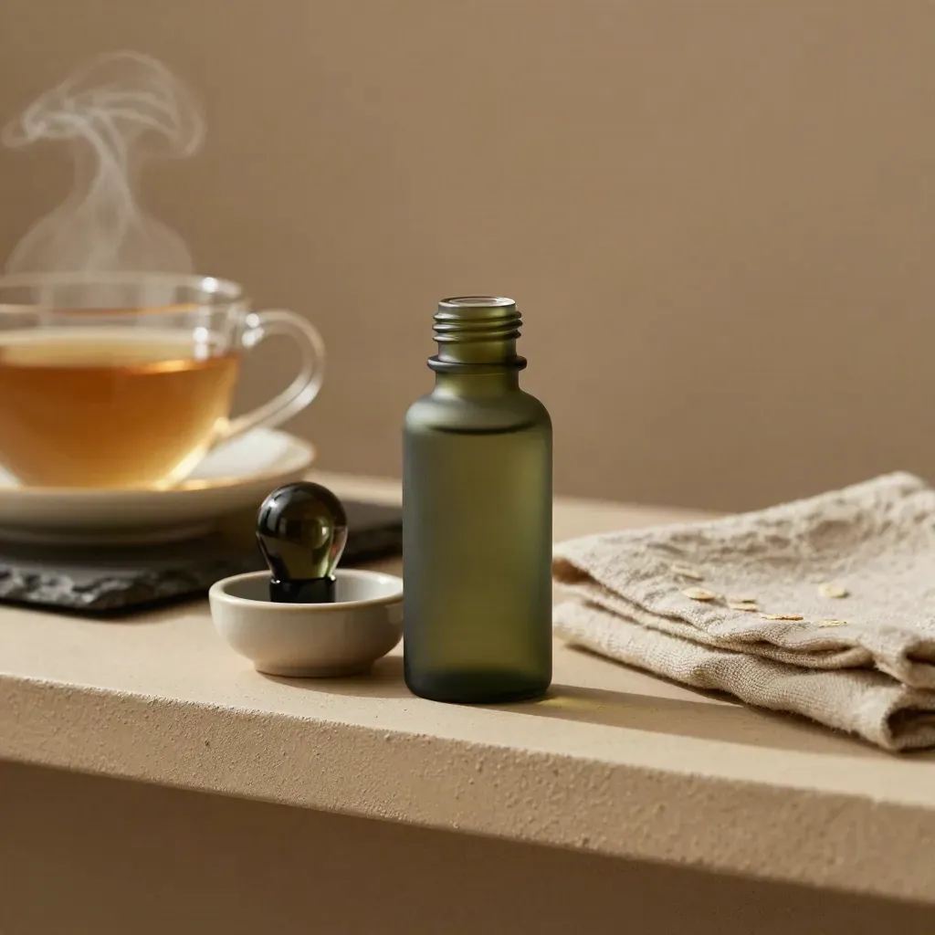 Unlabeled evening tincture bottle beside a ceramic dish, linen and steaming tea cup