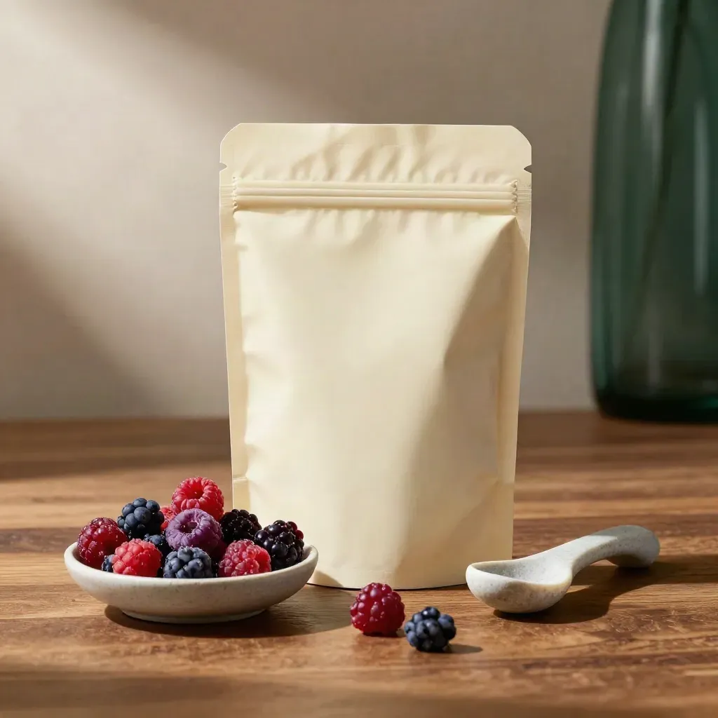 Berry chews pouch with spilled chews and a stone spoon on warm wood