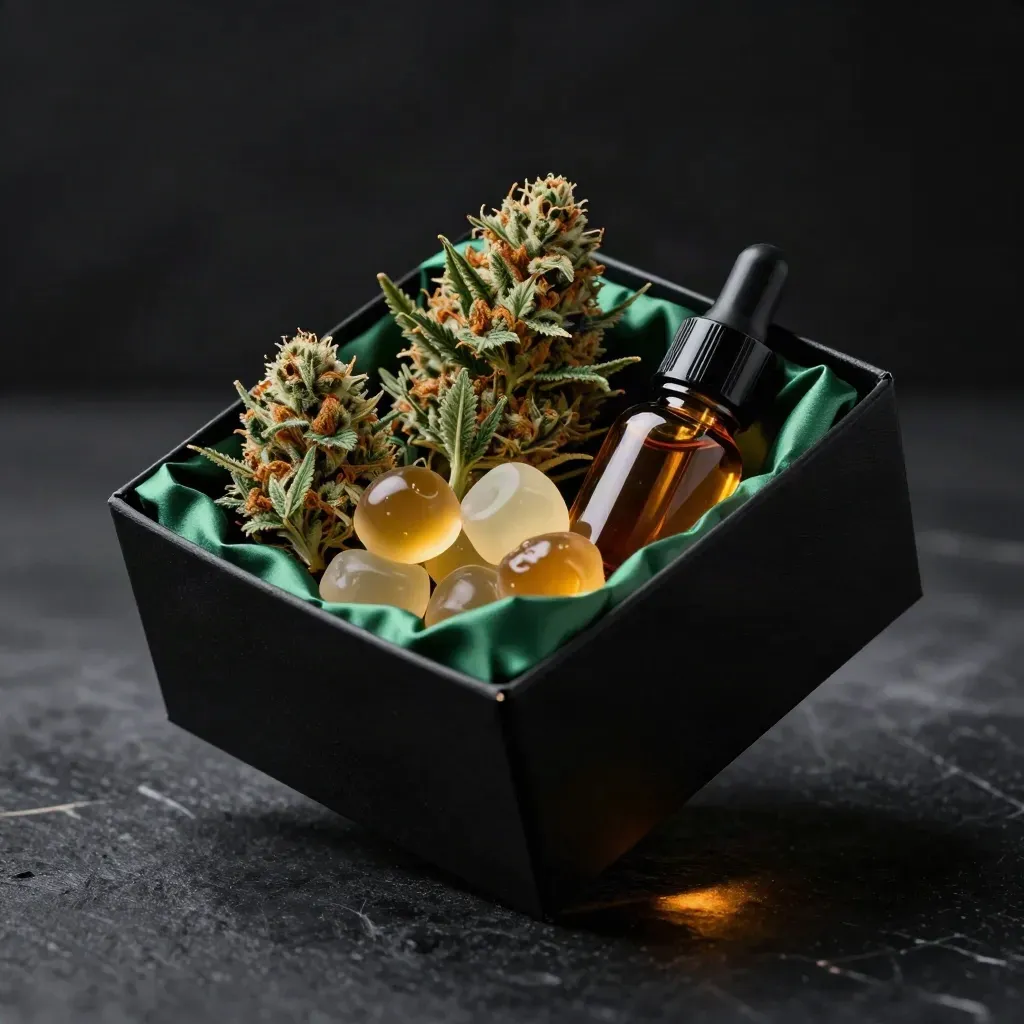 Open cannabis kit box with flower, gummies, and tincture on a dark studio surface.
