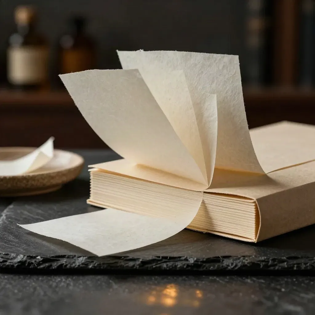 Unbleached papers booklet with a curling sheet and tan stone dish on a dark slate surface.