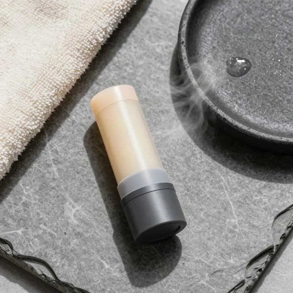 Overhead flatlay of a cooling gel stick with matte cap, stone slab, towel corner and cool mist.