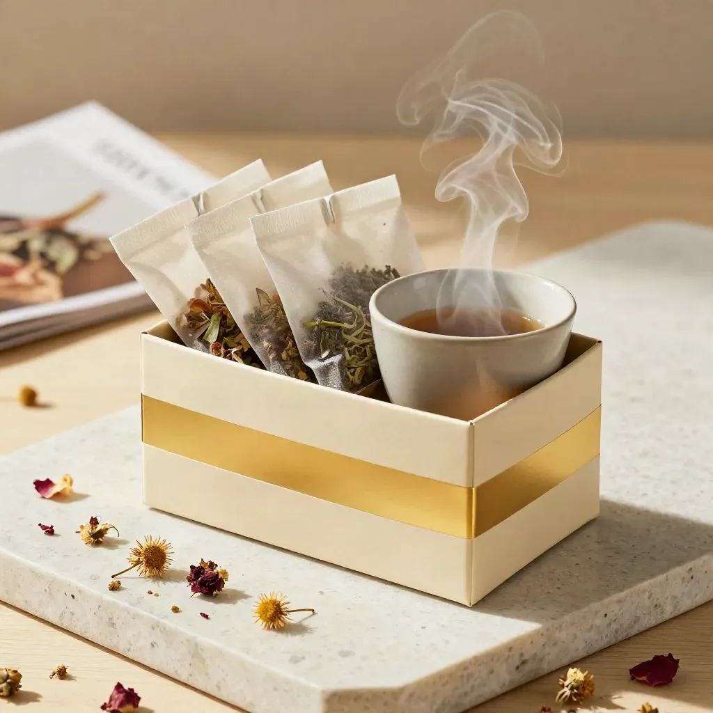 Herbal tea sampler box with sachets, steaming cup, and dried petals on pale stone