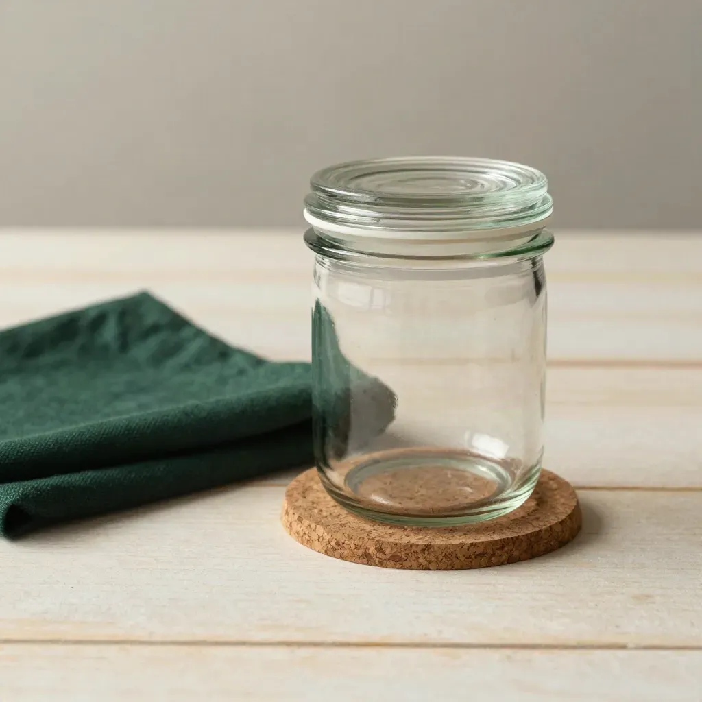 Glass airtight jar on cork coaster beside folded forest-green cloth on pale wood.