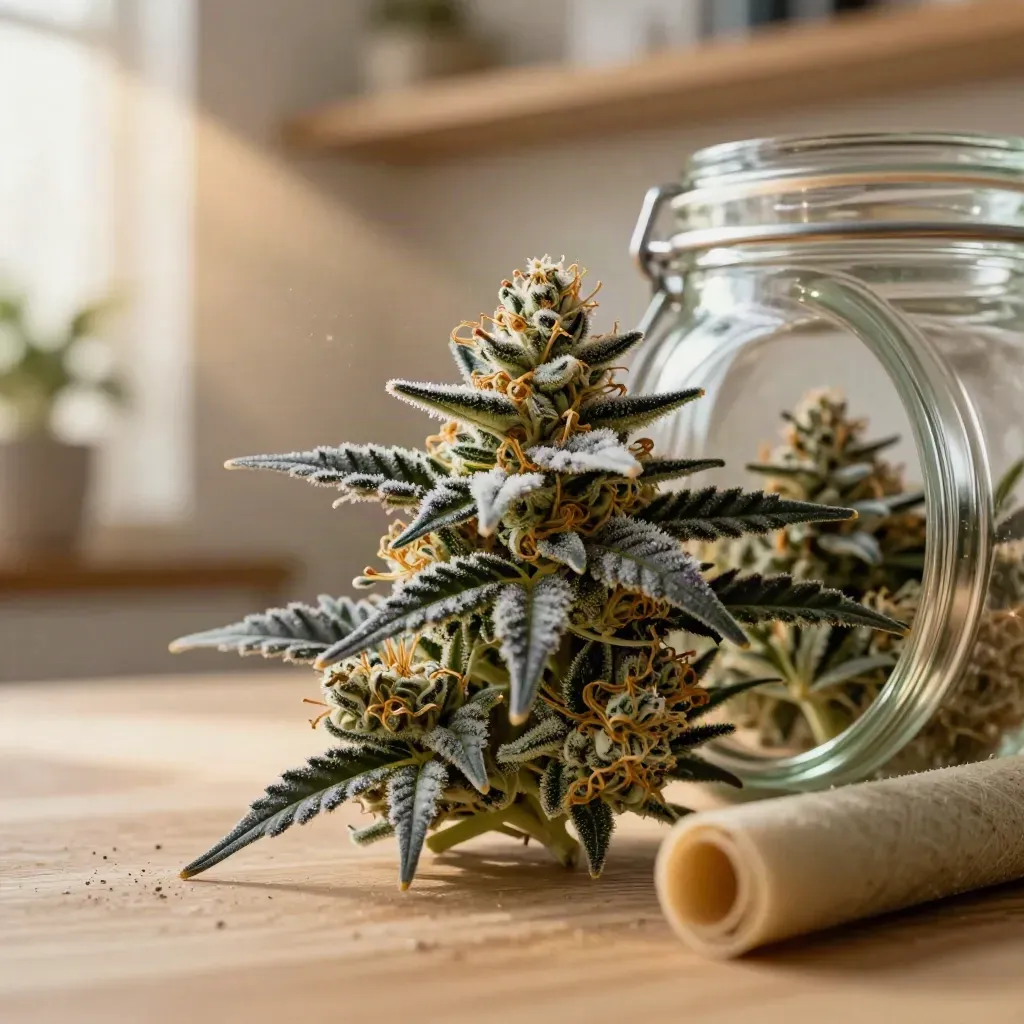 Macro cannabis flower with trichomes, pre-roll tip, and glass jar in warm sunlight