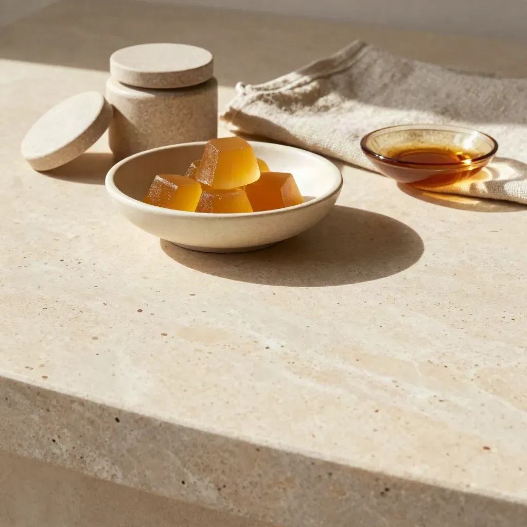 Travertine tabletop with linen runner and cannabis edibles in soft morning light.