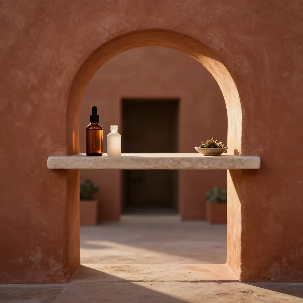 Plaster arcade with amber tincture bottles, calm open floor, and dusk light.