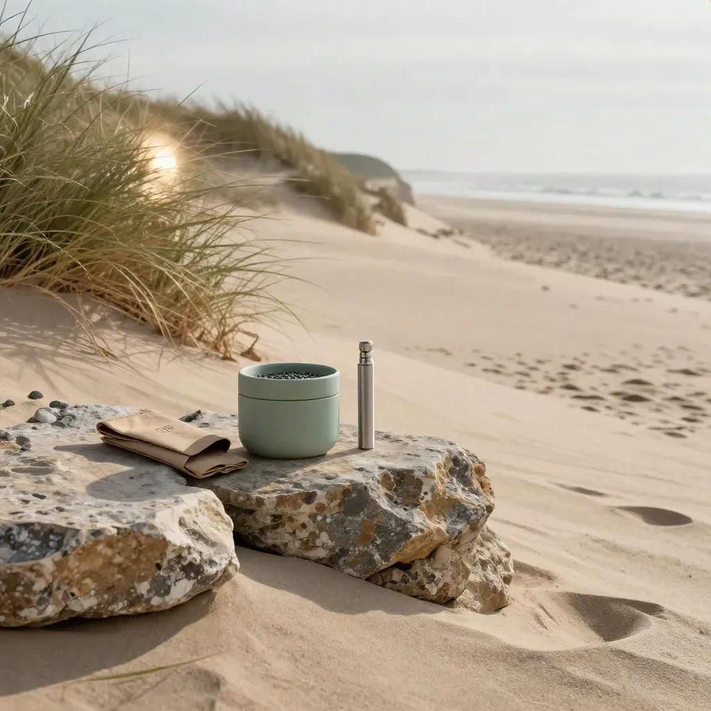 Sand dune grasses, stone outcrop, and discreet cannabis accessories in coastal mist at sunrise.
