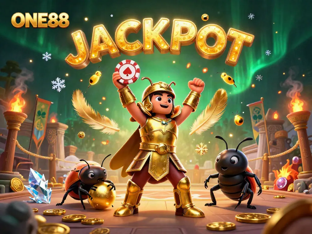 Experience the excitement of ONE88 with a victorious hercules beetle in a thrilling casino scene.