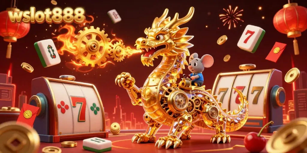 Menangkan jackpot di wslot888 dengan ilustrasi kasino yang dipenuhi dengan naga emas dan elemen permainan yang beruntung.