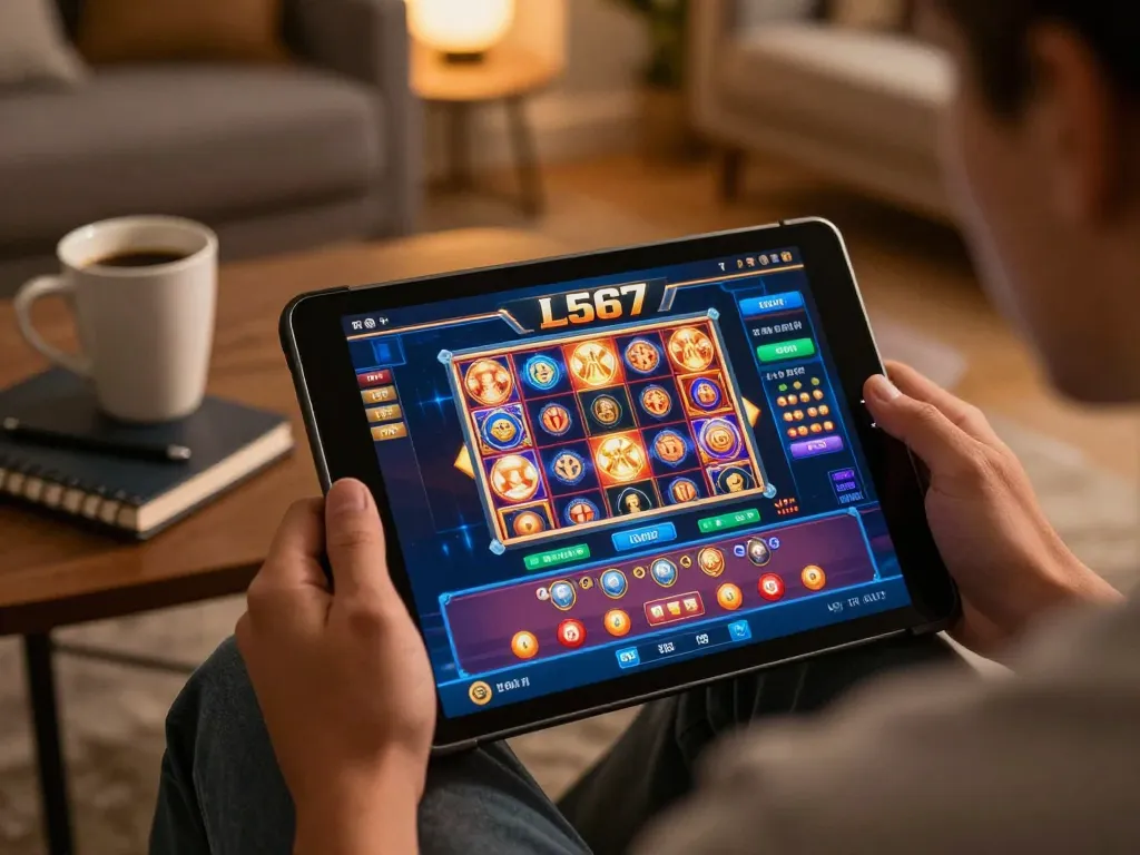 L567 user engaging with vibrant online casino games on tablet, illustrating responsible gaming.