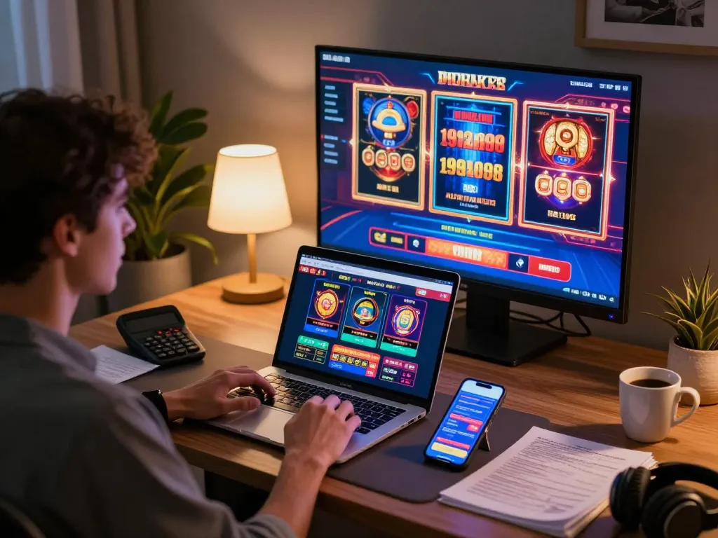 Player enjoying vipwin79 online casino gaming with vibrant slot machines and strategy notes.