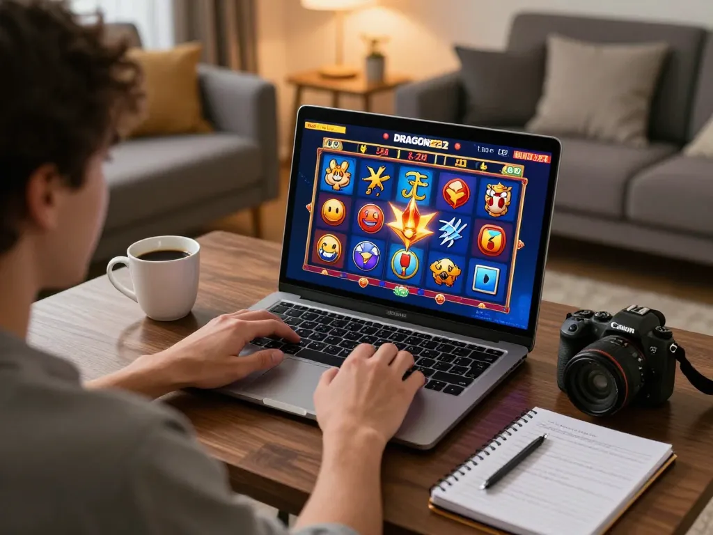 Engaging user playing on DRAGON222 slot game interface at home, creating a cozy online gambling atmosphere.