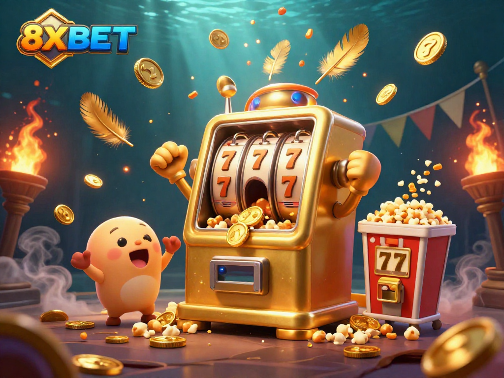 Experience the thrill of spinning jackpots with 8XBET's vibrant casino atmosphere in this 3D illustration.