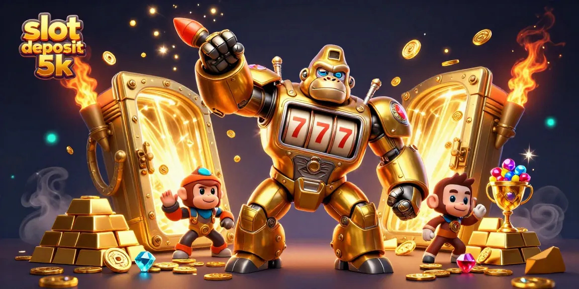 Win with slot deposit 5k in a vibrant 3D illustration of a golden gorilla mech amidst treasure.