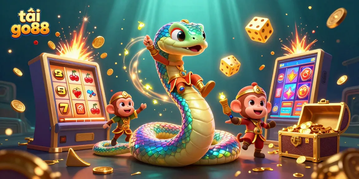 Engage with the vibrant scene of tải go88 featuring a rainbow serpent and engaging casino elements.