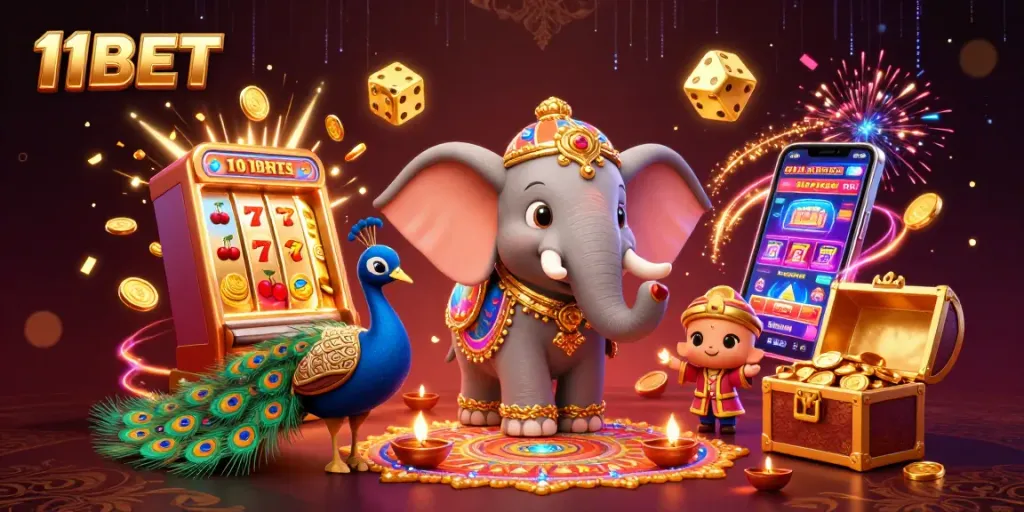 Engage with thrilling games at 11BET featuring a vibrant casino scene with elephants and rich decorations.