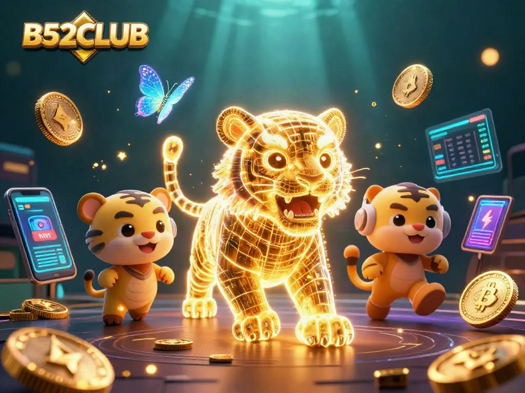Experience the excitement of B52CLUB with a vibrant digital casino scene featuring a wireframe tiger.