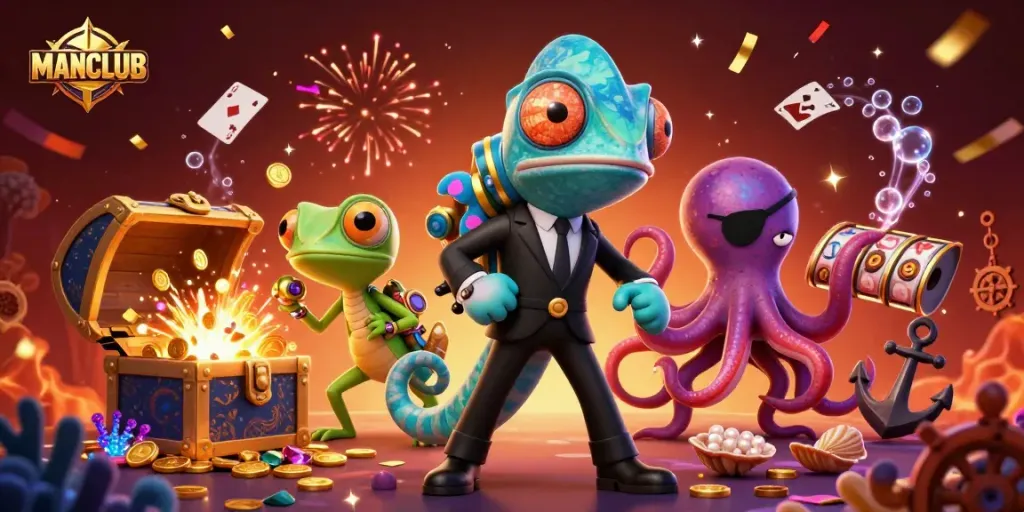 Experience thrilling gameplay at MANCLUB with vibrant casino elements and dynamic characters.