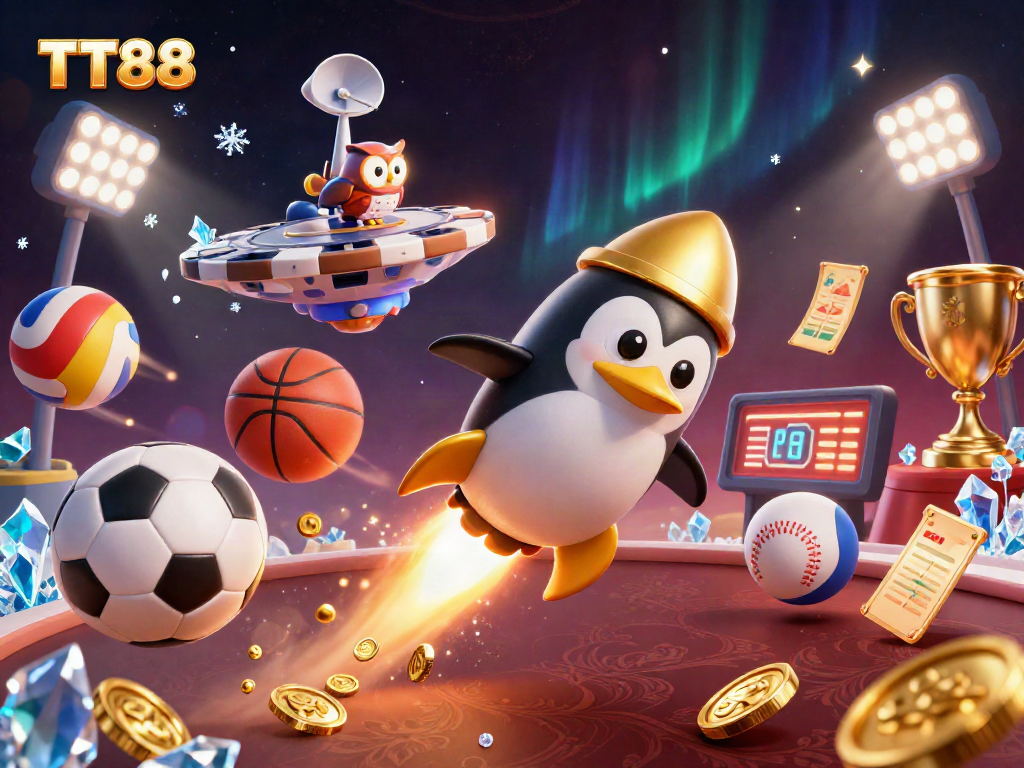 TT88 showcases a golden penguin racing to a casino space station amid vibrant sports betting excitement.
