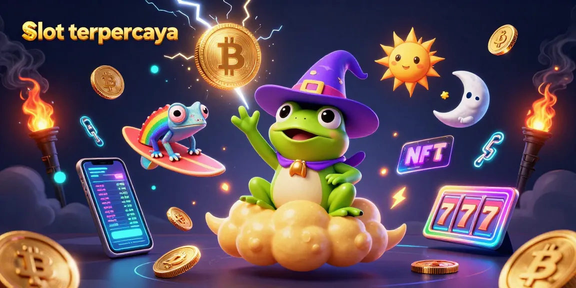Spin to win with slot terpercaya, featuring a frog wizard conjuring golden coins and colorful characters.