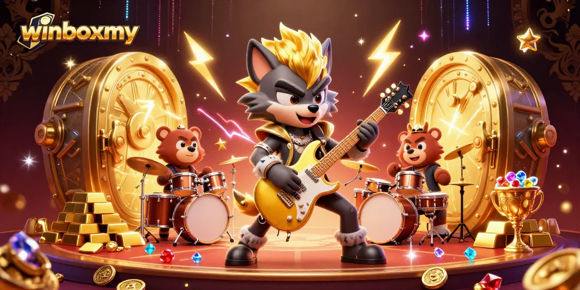 Experience thrilling action at winboxmy with a rock star wolf and drummer bear on stage amidst casino treasures.