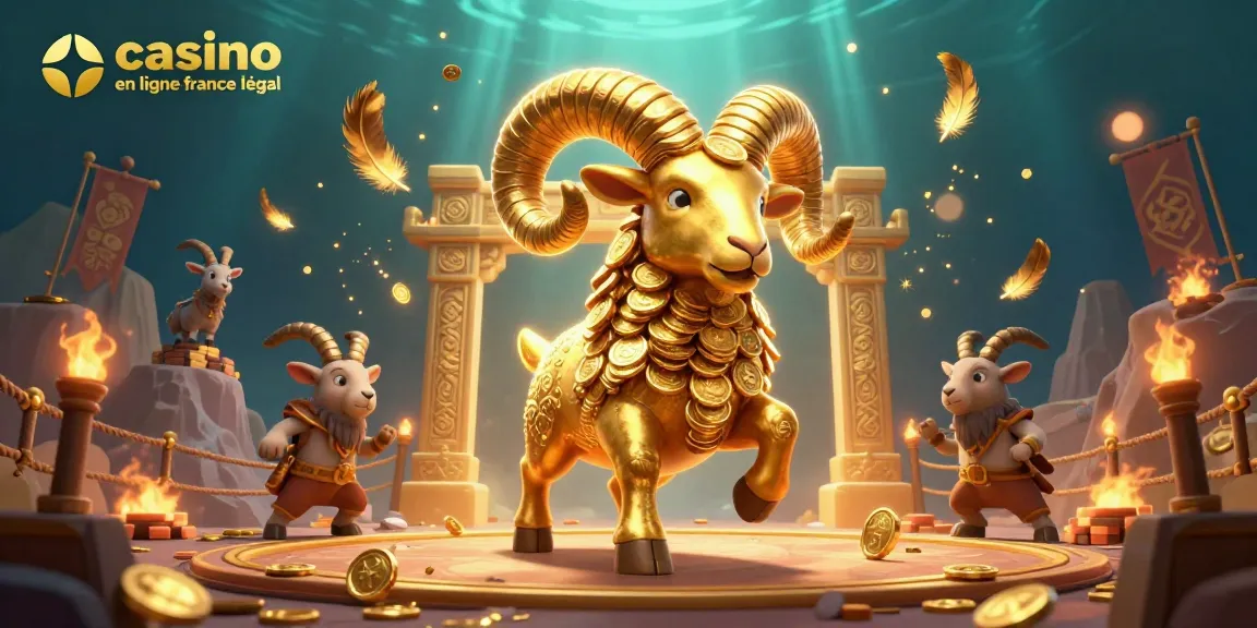 Illustration dynamique illustrant le casino en ligne France légal avec un bélier doré et des spectateurs sur des piles de jetons.
