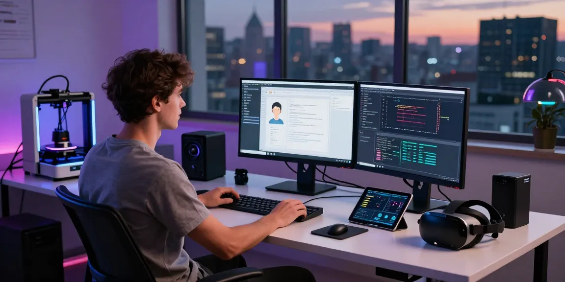 Male developer coding a sex bot program in a high-tech workspace with multiple screens and city skyline backdrop.