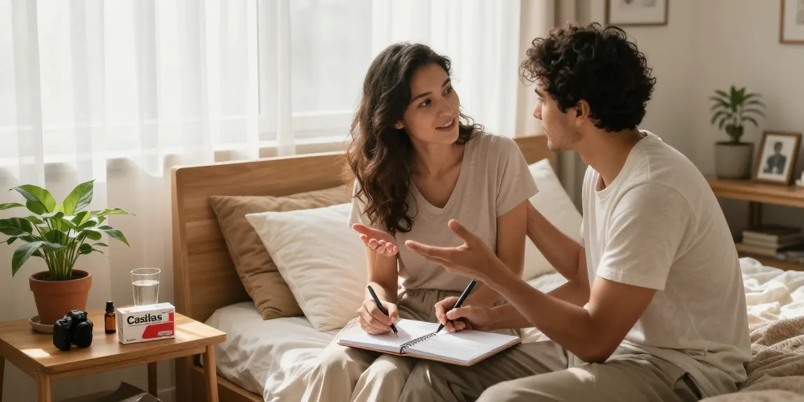 Cialis box on bedside table during a candid conversation about sexual health in a cozy bedroom environment.