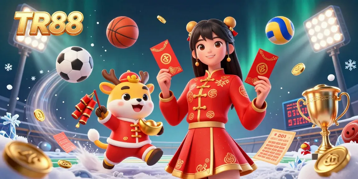 Win big with TR88 in this vibrant 3D illustration of a festive Asian woman celebrating with gaming elements.