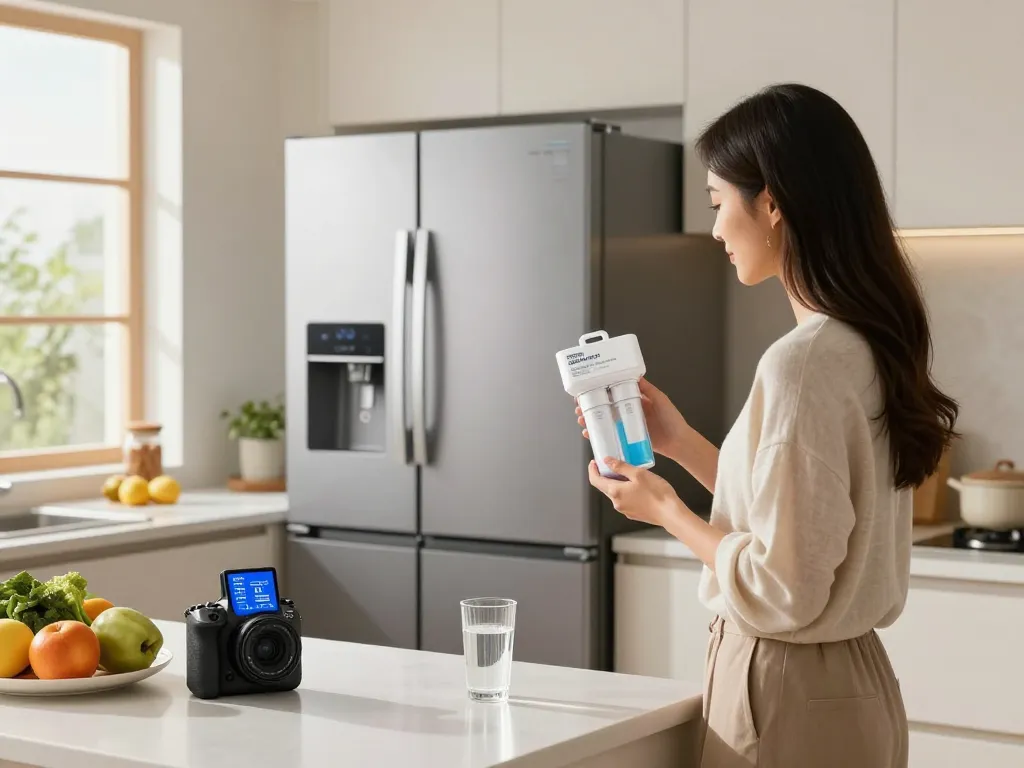 Examining Waterdrop LT1000PC ADQ747935 MDJ64844601 Refrigerator Water Filter in a modern kitchen with fruits and fresh water.