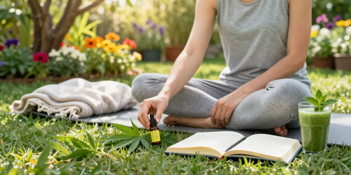 Natural wellness moment featuring semillas premium Ministry of Cannabis CBD oil, fresh hemp leaves, and healthy smoothie.