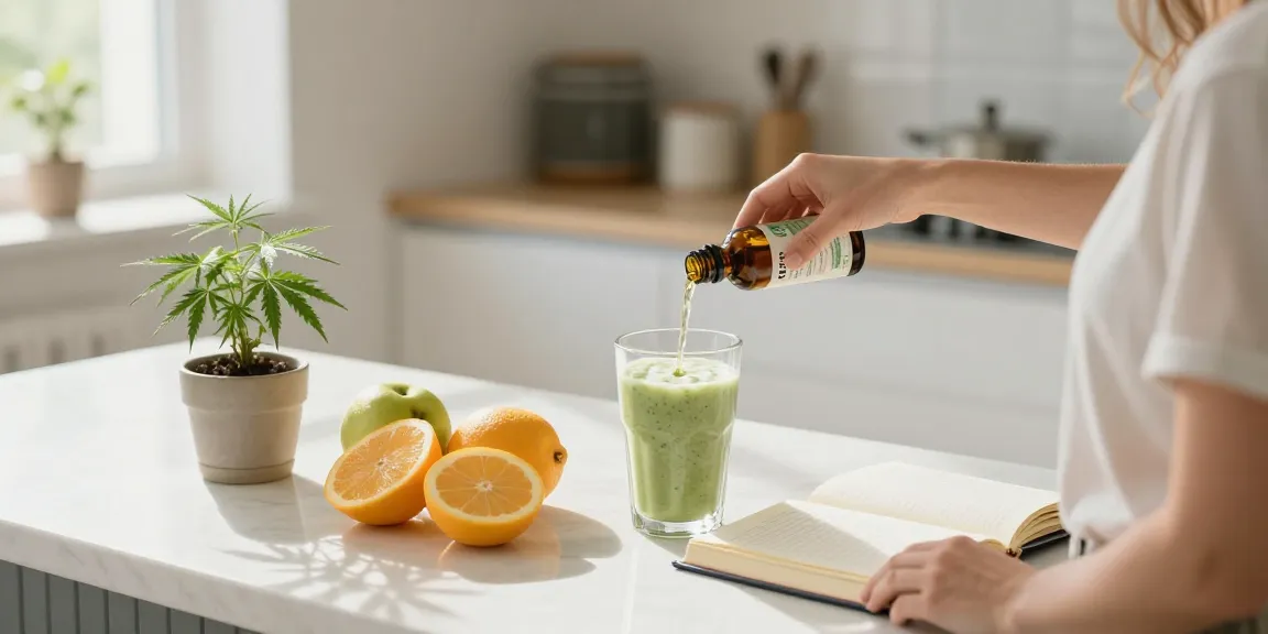 Top shelf flower delivery depicted in a vibrant kitchen scene with CBD oil, fresh ingredients, and wellness items.