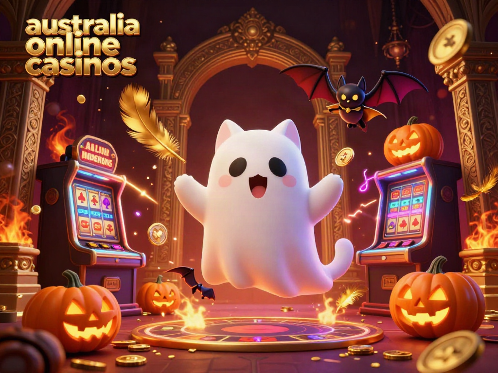 Engage with vibrant australia online casinos scene featuring a friendly ghost cat and vampire bat in a haunted mansion.