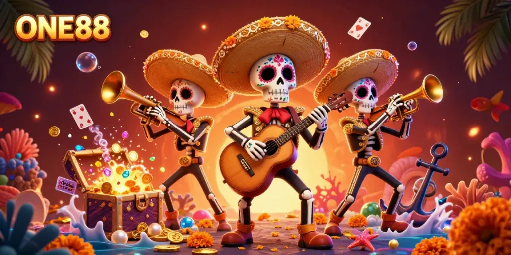 ONE88 welcomes players with vibrant game-themed illustration featuring a lively mariachi band.