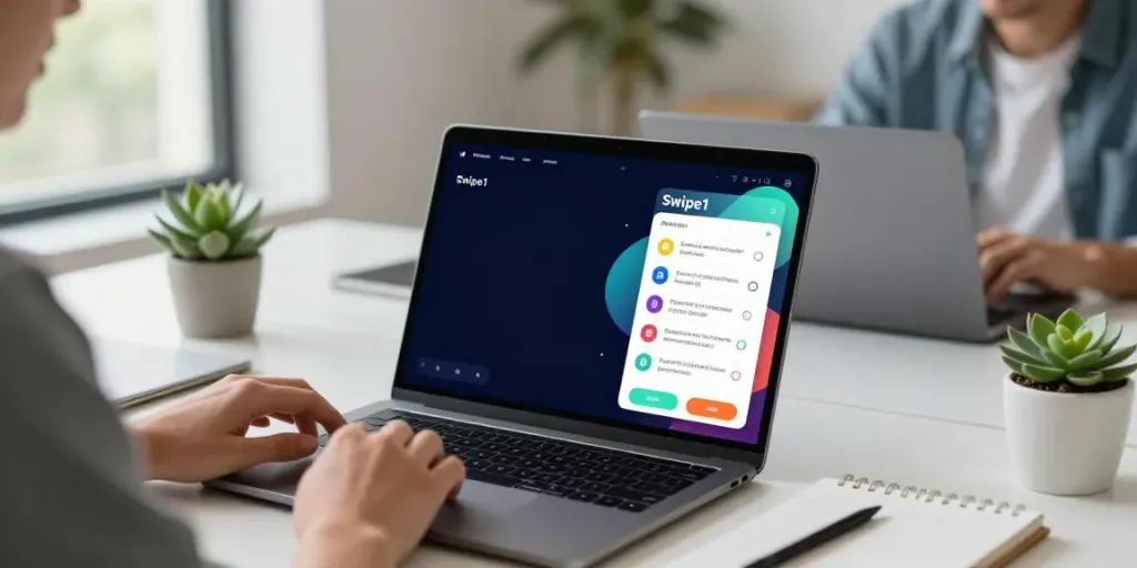 Swipe1 prediction market app interface showcasing платформа предсказаний on a smartphone in a modern workspace.